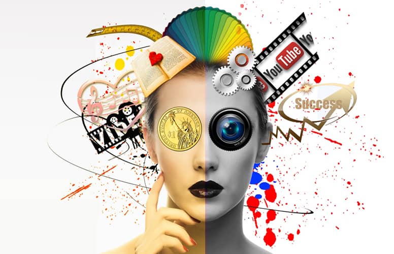 Visage de femme dans un flux d'information