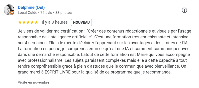 Avis 5 étoiles Delphine Gillot formation certifiante IA L'esprit livre
